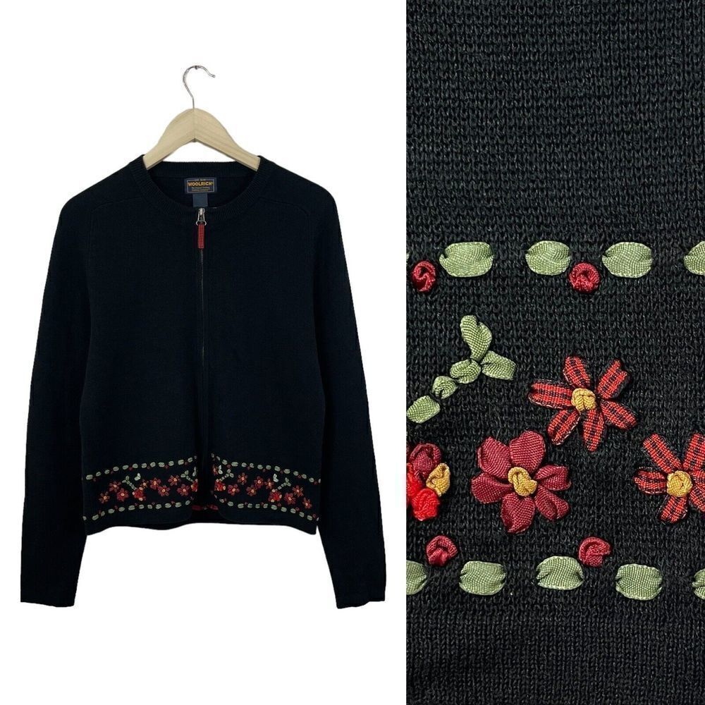 Woolrich Medium Zip Cardigan Sweater Black Embroidered Hem Cotton Blend Womens